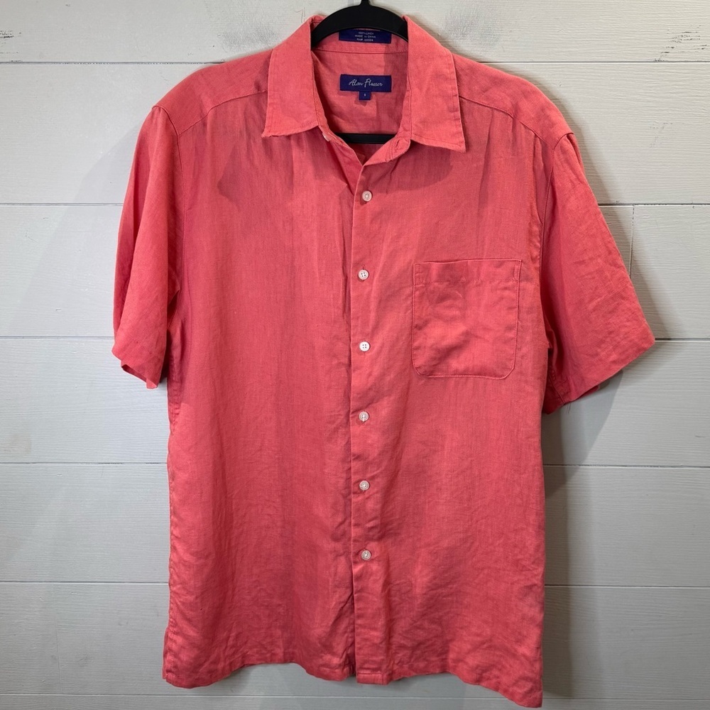Alan Flusser | Mens 100% Linen Pink/Orange Button Up Beach Vacation Size Small